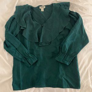 Vintage Dark Forest Green 100% Silk Ruffle Top